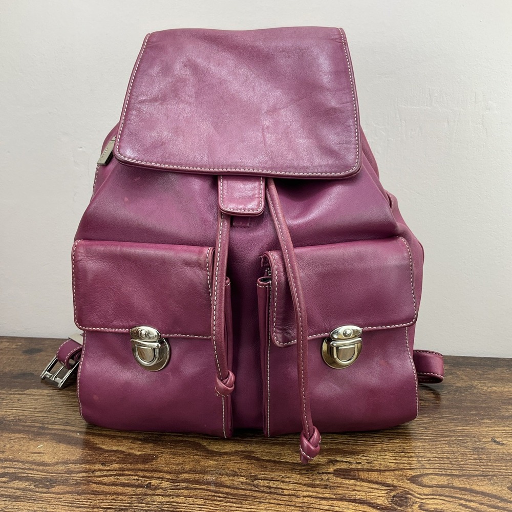 Perlina Magenta Leather Backpack With Flap Drawstring Closure Side Zipper VTG